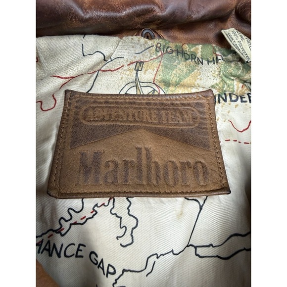 Marlboro Adventure Team Leather Jacket Mens L Montana Map Lining Bomber - Picture 2 of 16